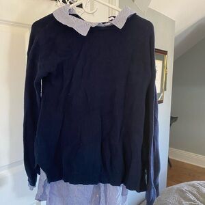 Navy Blue Sweater with Striped Collar